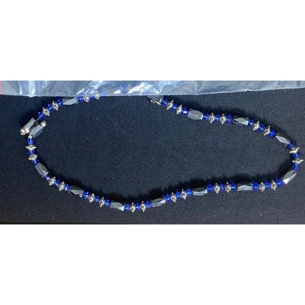 Womens Beaded Necklace Blue Silver Tone Hematite Beads